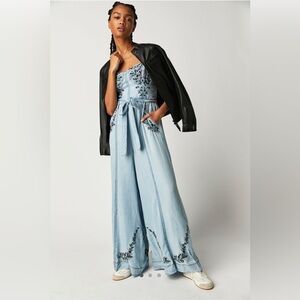 Free People Light Blue Embroidered Wide-Leg Jumpsuit